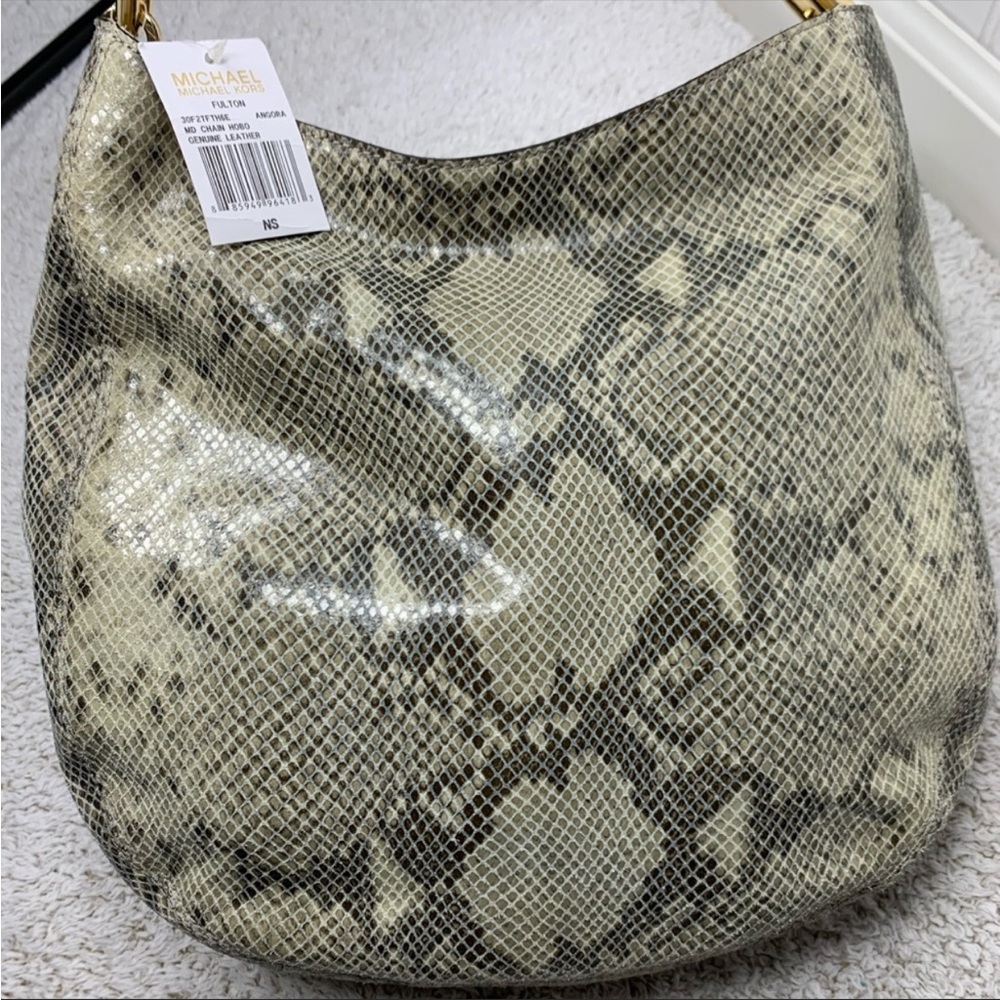NWT MICHAEL MICHAEL KORS 'Fulton' Embossed Chain Angora Beige Grey Python Purse